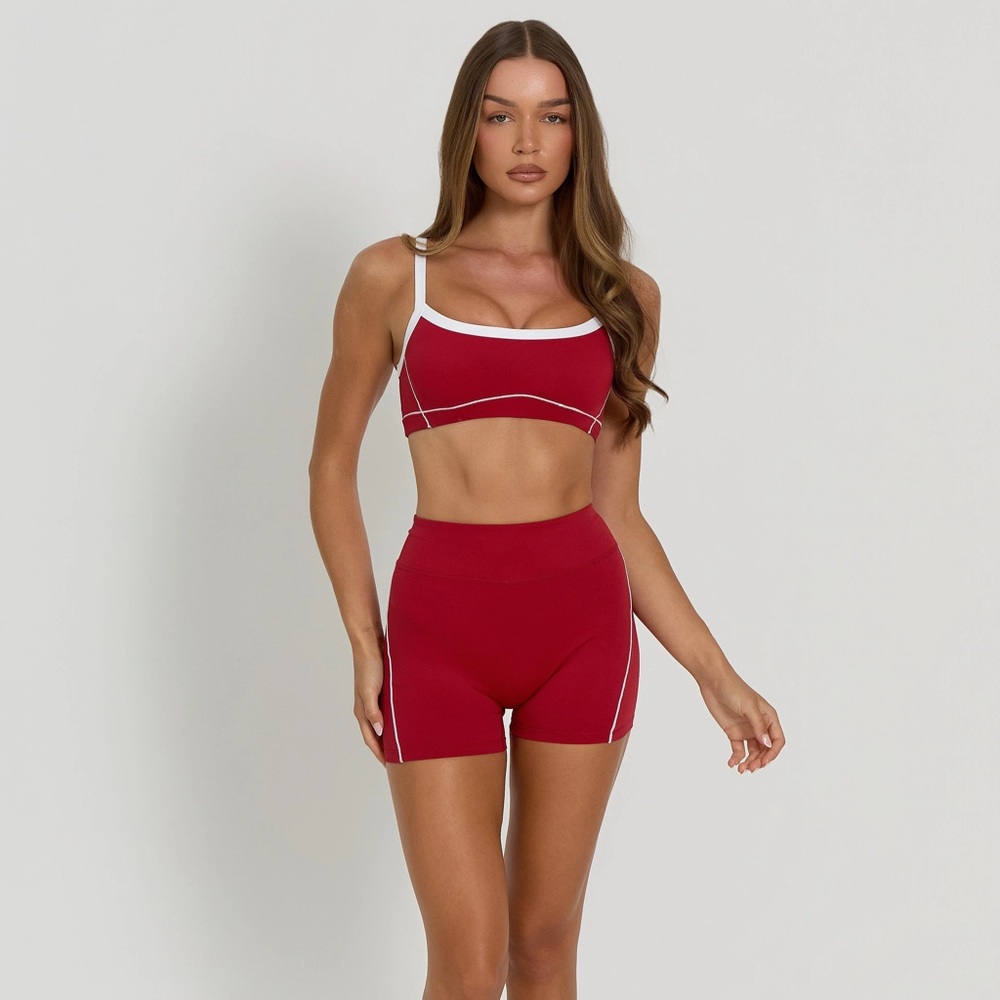 Red Two-Piece Athletic Crop Top and High-Waist Shorts Set with White Trim